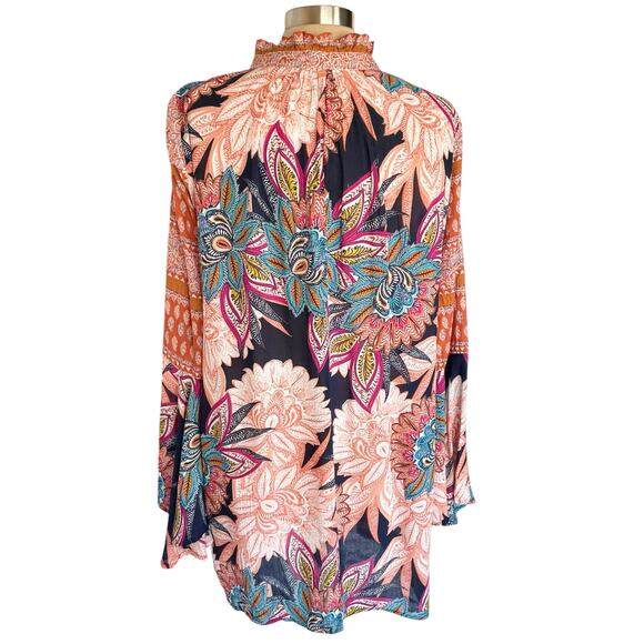 Umgee Rust Blue Floral Print Boho Dress Sz SMALL Bell Cuff Flowy Bohemian Fall - Picture 4 of 9